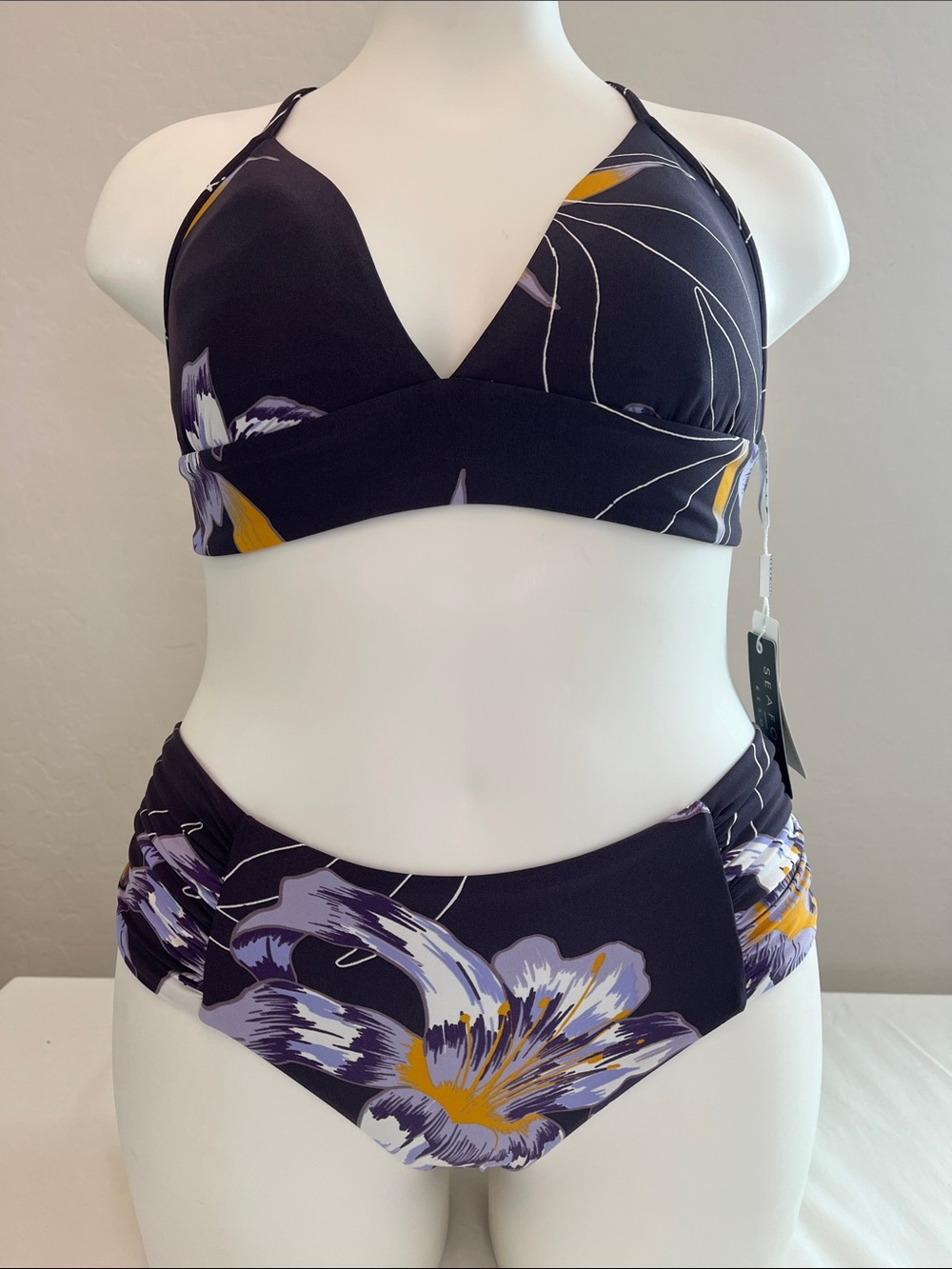 Seafolly Purple Floral High-Waist Bikini Set with Yellow Accents